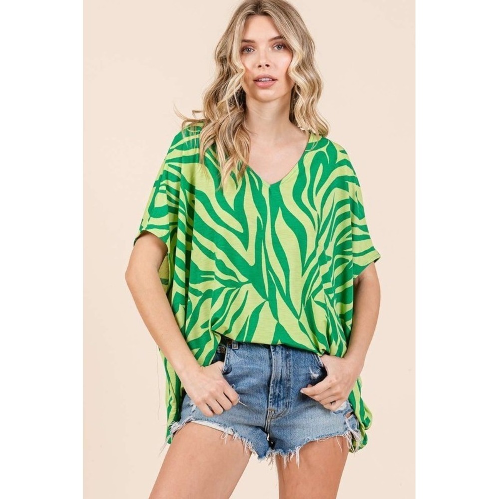 Mittoshop Zebra Print V-Neck Short Sleeve Oversized Top - Small